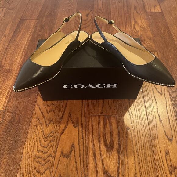 NWT Coach Vae Skimmer Womens 7 B Black Leather Pointed Toe Slingback Shoe Luxury - Picture 1 of 13